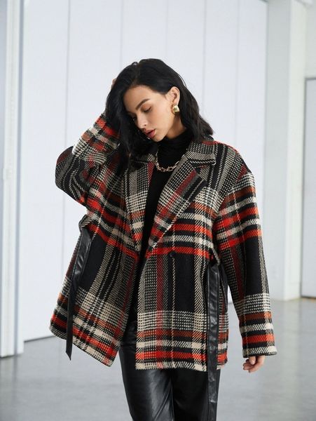 plaid print lapel neck belted overcoat q7m2#, Black