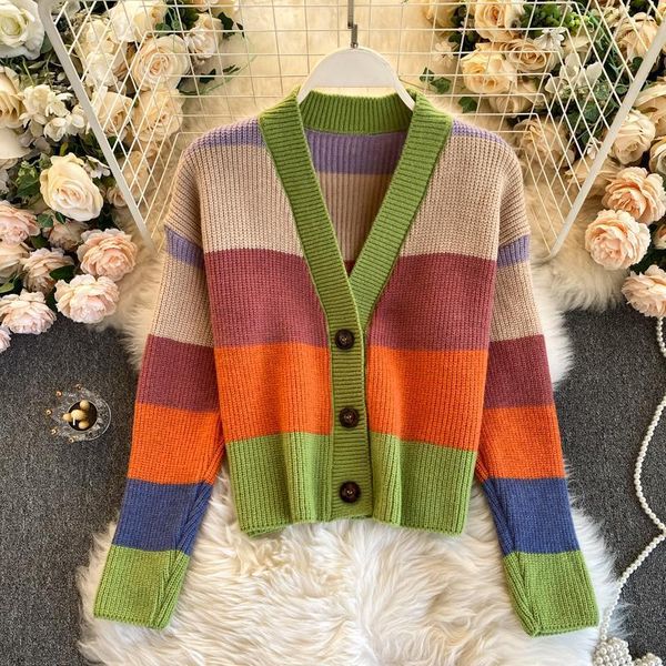 foamlina loose sweater cardigan casual women short knit jacket sweet korean rainbow striped v neck full sleeve sweater jumper1, White
foamlina loose sweater cardigan casual women short knit jacket sweet korean rainbow striped v neck full sleeve sweater jumper1, White