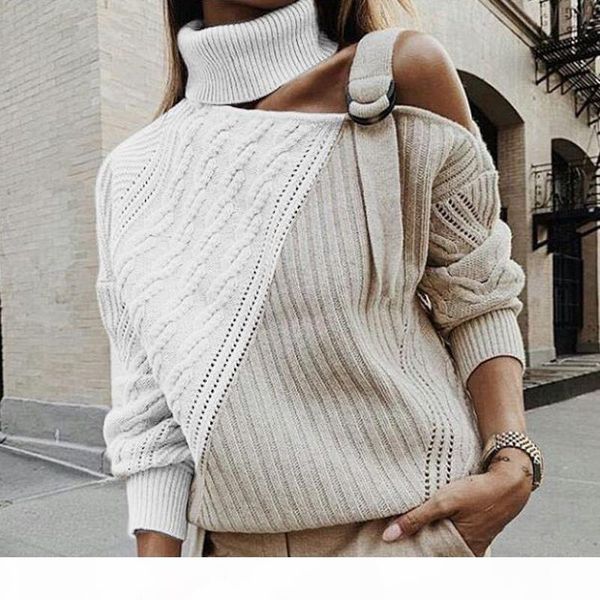 women patchwork turtleneck sweater off shoulder buckle knitted pullover autumn winter long sleeve jumper pull knitwear, White;black
women patchwork turtleneck sweater off shoulder buckle knitted pullover autumn winter long sleeve jumper pull knitwear, White;black