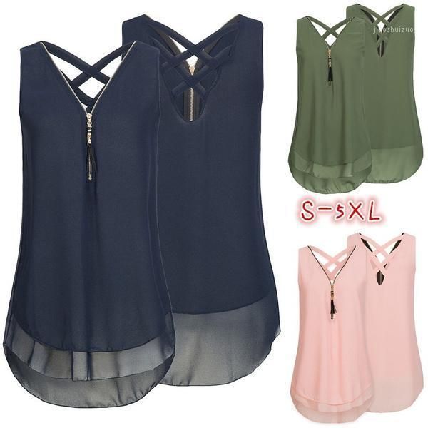 women fashion v-neck sleeveless chiffon tank cross back hem layed zipper t-shirts solid color casual blouse plus size1, White
women fashion v-neck sleeveless chiffon tank cross back hem layed zipper t-shirts solid color casual blouse plus size1, White