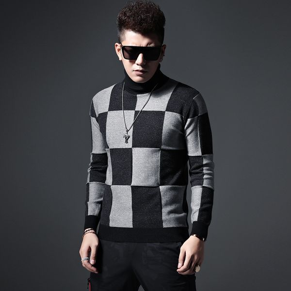 a warm winter sweater made of winter men's plaid pullover with high neck long sleeved slim-fitting sweater, White;black
a warm winter sweater made of winter men's plaid pullover with high neck long sleeved slim-fitting sweater, White;black
