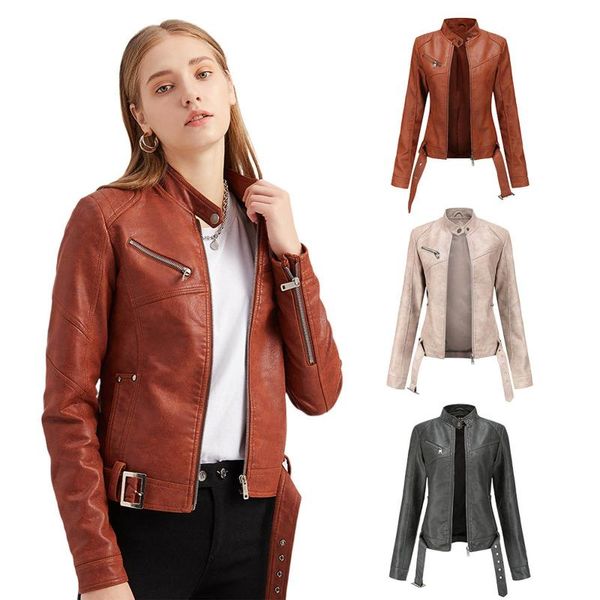 women's slim leather stand collar jacket zip motorcycle suit belt coat jacket vintage streetwear cool female, Black
women's slim leather stand collar jacket zip motorcycle suit belt coat jacket vintage streetwear cool female, Black