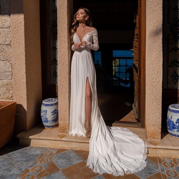 2021 new bohemian wedding long sleeves sheer scoop neck sweep train lace bride gown chiffon slit bridal es 5arr, White
2021 new bohemian wedding long sleeves sheer scoop neck sweep train lace bride gown chiffon slit bridal es 5arr, White