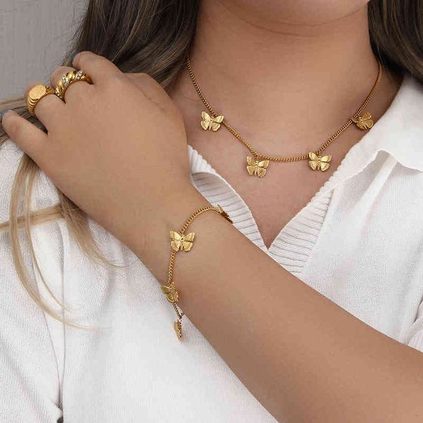 trendy tranish stainless steel 18k plated texture butterfly charm bracelet choker necklace gold jewelry set, Golden;silver
trendy tranish stainless steel 18k plated texture butterfly charm bracelet choker necklace gold jewelry set, Golden;silver
