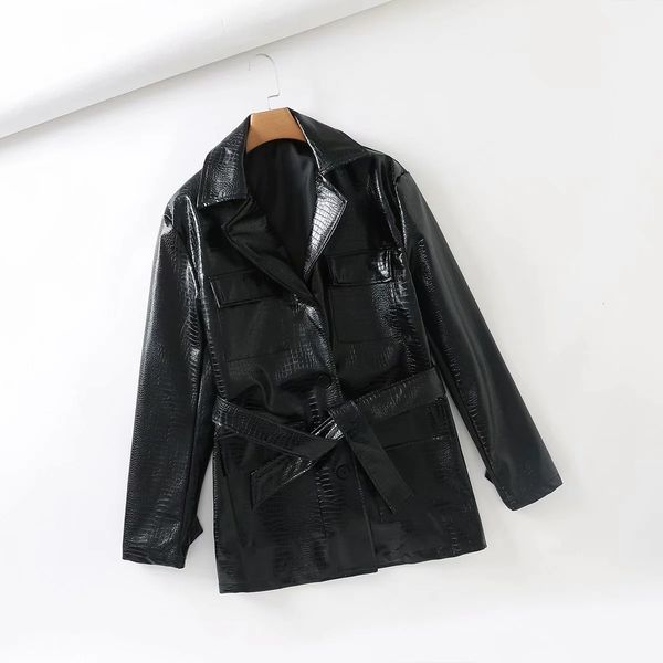 2021 new wear europe and america expo main street shooting bandage waist closing work clothes alligator pattern pu leather coat 0w32, Black;brown 
2021 new wear europe and america expo main street shooting bandage waist closing work clothes alligator pattern pu leather coat 0w32, Black;brown