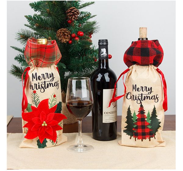 Christmas Ornaments Creative Linen Wine Bottle Cover Bag Plaid Drawstring Bags Bottle Holder Home Party Table Decorations Gifts E102102