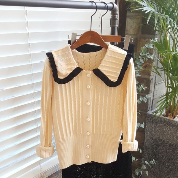 2021 female korean fashion thin nightgown new doll collar autumn long sleeve cardigan short single breast pearl mesh outwear jumpers 4cot, White;black
2021 female korean fashion thin nightgown new doll collar autumn long sleeve cardigan short single breast pearl mesh outwear jumpers 4cot, White;black
