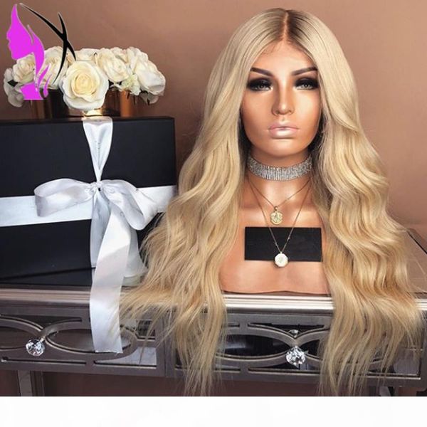 

elling brown roots ombre blonde wig long wavy simulation human hair wig high temperature glueless synthetic lace front wig for women, Black