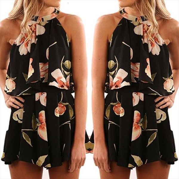 off shoulder floral print summer playsuit women halter sleeveless ruffles wide leg short jumpsuit beachwear overalls, Black;white 
off shoulder floral print summer playsuit women halter sleeveless ruffles wide leg short jumpsuit beachwear overalls, Black;white