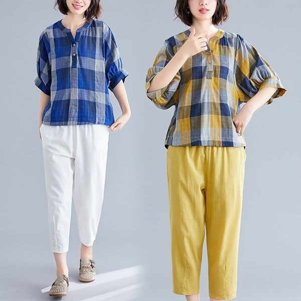 u87iz 2020 summer trousers large size cotton and linen casual plaid short cotton and linen literary shirt sleeve loose new shirt casual ankl, Gray
u87iz 2020 summer trousers large size cotton and linen casual plaid short cotton and linen literary shirt sleeve loose new shirt casual ankl, Gray