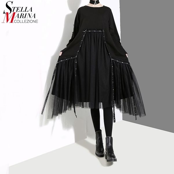 new plus size korean style women autumn winter black loose dress long sleeve mesh overlay lady casual midi dress robe 4564 201102, Black;gray
new plus size korean style women autumn winter black loose dress long sleeve mesh overlay lady casual midi dress robe 4564 201102, Black;gray