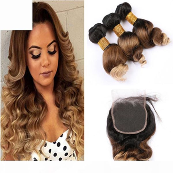 #1b 4 27 ombre loose wave human hair 3bundles with closure three tone brazilian virgin hair weaves with lace closure 4x4 honey blonde, Black
#1b 4 27 ombre loose wave human hair 3bundles with closure three tone brazilian virgin hair weaves with lace closure 4x4 honey blonde, Black