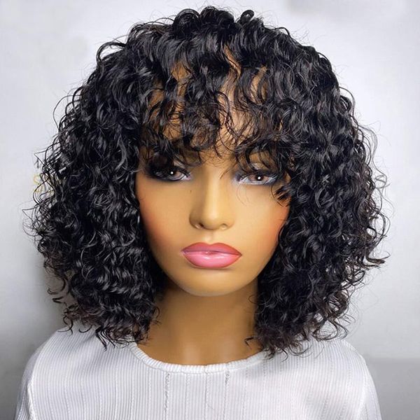 brazilian water wave human hair wigs with bangs full machine made wigs for women remy pixie cut bob wig with bangs, Black;brown 
brazilian water wave human hair wigs with bangs full machine made wigs for women remy pixie cut bob wig with bangs, Black;brown