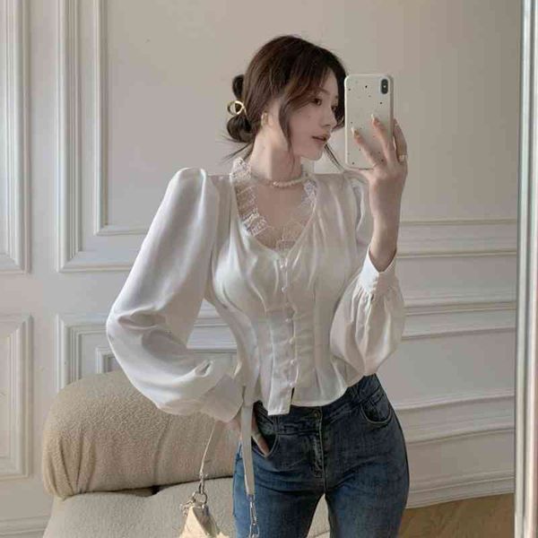 French Elegant Blouse Women Solid Color Autumn Lace Sexy Long Sleeve V-neck Single Breasted Short Shirt Fashion, White
French Elegant Blouse Women Solid Color Autumn Lace Sexy Long Sleeve V-neck Single Breasted Short Shirt Fashion, White