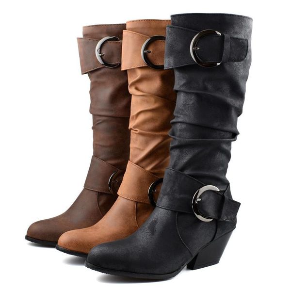 women's round toe slouch buckles square heel slip-on boots middle tube boot casual boots, Black
women's round toe slouch buckles square heel slip-on boots middle tube boot casual boots, Black