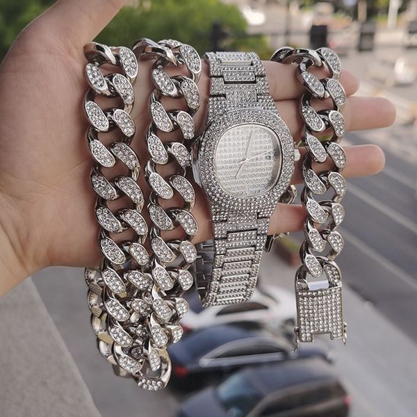 3pcs set men hip hop jewelry set 20mm 16-28inch gold plated bling iced out full rhinstone chain necklace bracelets watch set gift, Silver
3pcs set men hip hop jewelry set 20mm 16-28inch gold plated bling iced out full rhinstone chain necklace bracelets watch set gift, Silver