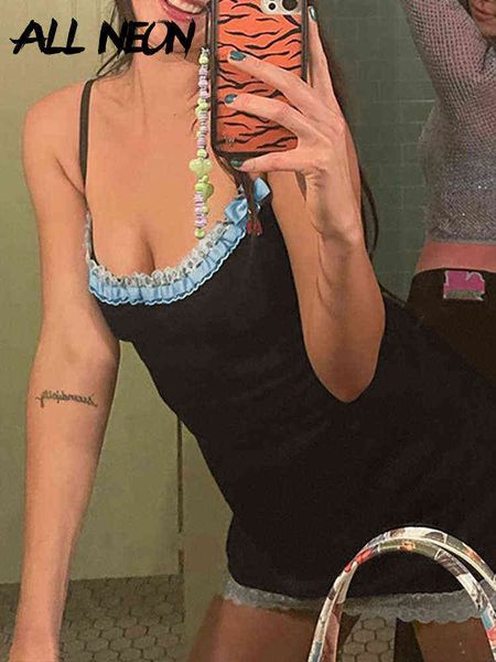 allneon 90s vintage clubwear blue lace trim black slip dresses y2k retro backless spaghetti strap patchwork mini dress 2022 y220304, Black;gray
allneon 90s vintage clubwear blue lace trim black slip dresses y2k retro backless spaghetti strap patchwork mini dress 2022 y220304, Black;gray
