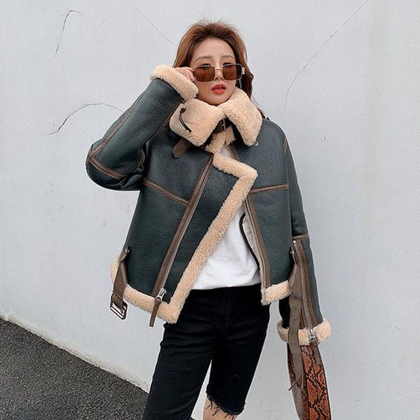 women's leather & faux large big lapel thickened short fur one cashmere jacket, Black
women's leather & faux large big lapel thickened short fur one cashmere jacket, Black