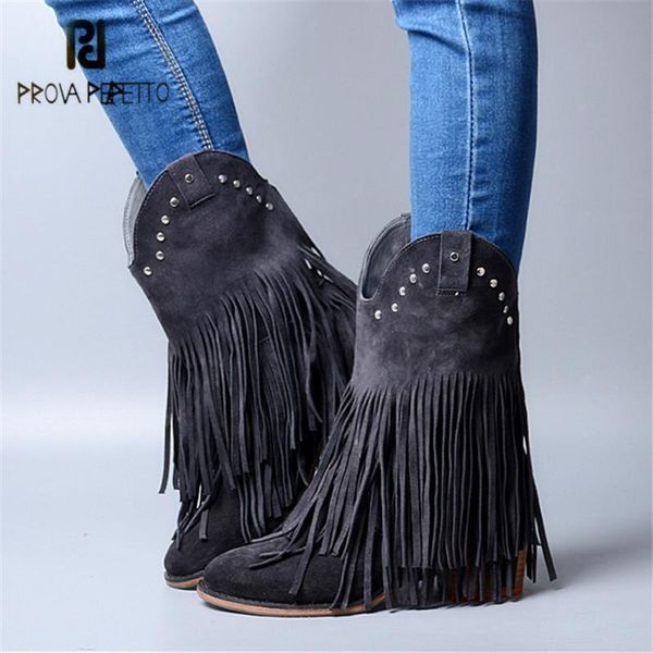 prova perfetto fashion fringed women mid-calf boots suede tassels chunky high heel shoes slip on rivets studded rubber boots, Black
prova perfetto fashion fringed women mid-calf boots suede tassels chunky high heel shoes slip on rivets studded rubber boots, Black