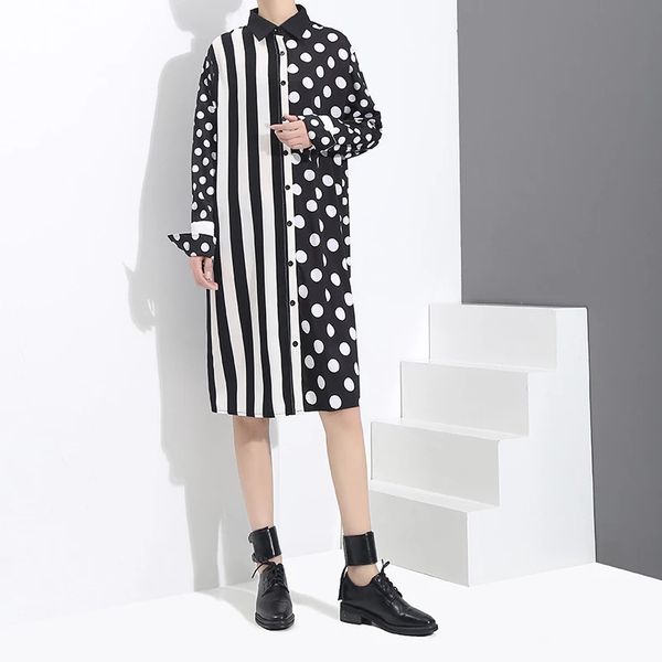 women black dot striped split joint shirt dress new lapel long sleeve loose fit fashion tide spring autumn, White
women black dot striped split joint shirt dress new lapel long sleeve loose fit fashion tide spring autumn, White