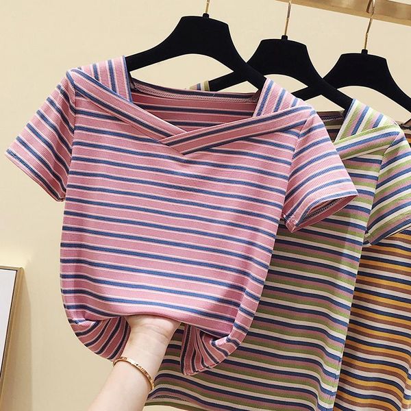 women's t-shirt gkfnmt cotton korean v-neck basic striped t shirt women clothes summer short sleeve casual tshirt female tee femme, White
women's t-shirt gkfnmt cotton korean v-neck basic striped t shirt women clothes summer short sleeve casual tshirt female tee femme, White