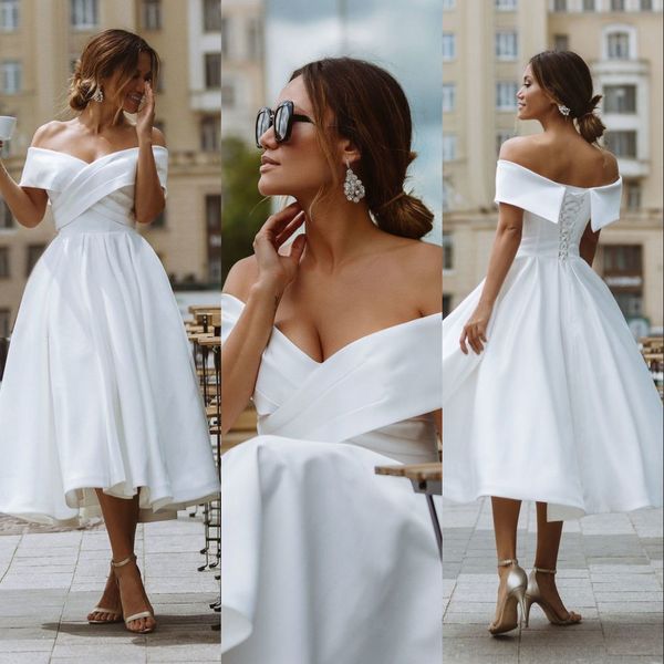 vintage bohemian summer beach wedding dresses short a line off shoulder satin tea length plus size corset back formal bridal gowns, White
vintage bohemian summer beach wedding dresses short a line off shoulder satin tea length plus size corset back formal bridal gowns, White