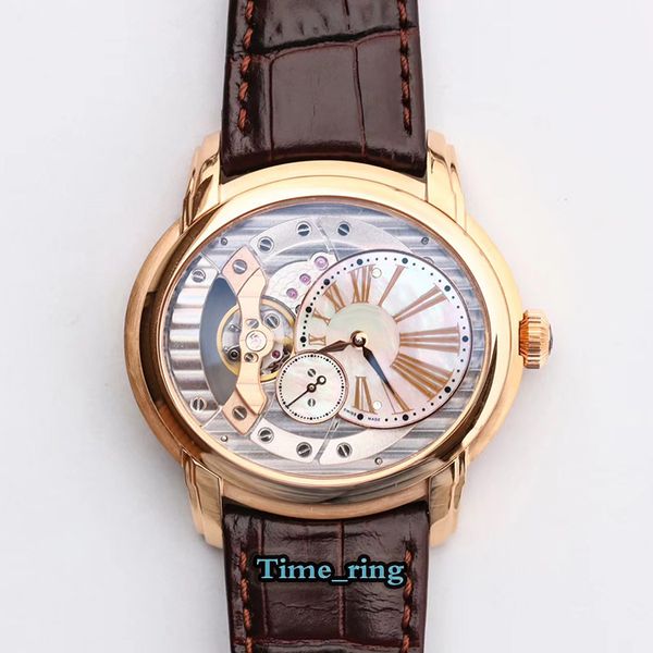 v9 version 15350or.oo.d093cr.01 skeleton dial rose gold steel case cal. 4101 automatic mechanical movement mens watch leather strap watc, Slivery;brown
v9 version 15350or.oo.d093cr.01 skeleton dial rose gold steel case cal. 4101 automatic mechanical movement mens watch leather strap watc, Slivery;brown