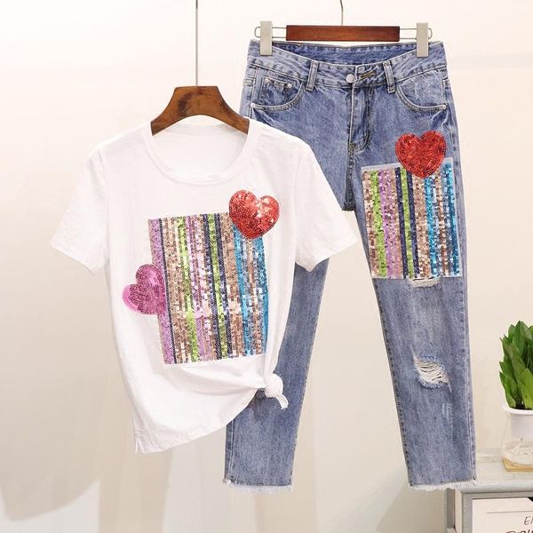 5xl women summer sequined heart t-shirts denim pants sets cotton tshirt + ankle-length pants hole trousers 2 piece set suits, White
5xl women summer sequined heart t-shirts denim pants sets cotton tshirt + ankle-length pants hole trousers 2 piece set suits, White