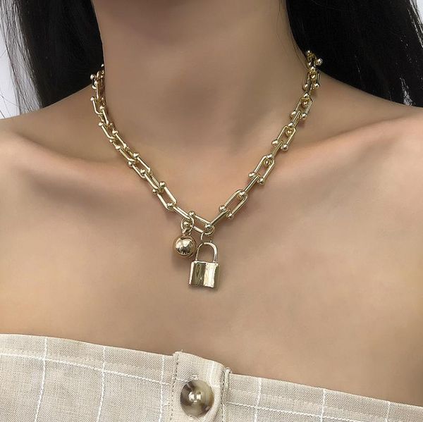 thick u lock chains men necklace couple lover gold padlock ball pedants necklace for women goth miami choker jewelry collar, Silver 
thick u lock chains men necklace couple lover gold padlock ball pedants necklace for women goth miami choker jewelry collar, Silver