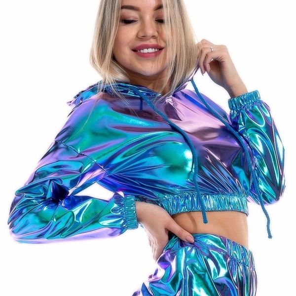 cropped holographic hoodies women shiny pu metallic hoody long sleeve short sweatshirt with drawstring pullovers streetwear 201203, Black
cropped holographic hoodies women shiny pu metallic hoody long sleeve short sweatshirt with drawstring pullovers streetwear 201203, Black