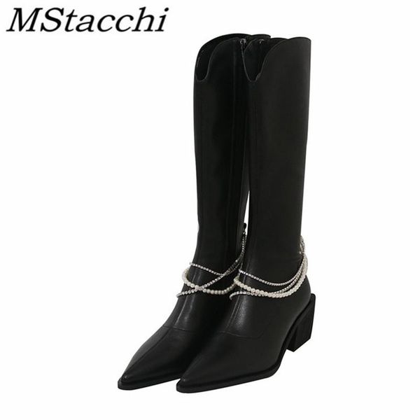 mstacchi pearl rhinestone chain stretch high boots side zipper pointed solid color mature fashion female shoes buty damskie, Black 
mstacchi pearl rhinestone chain stretch high boots side zipper pointed solid color mature fashion female shoes buty damskie, Black