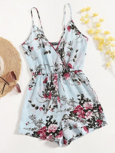 surplice neck floral cami romper o3fb#, White