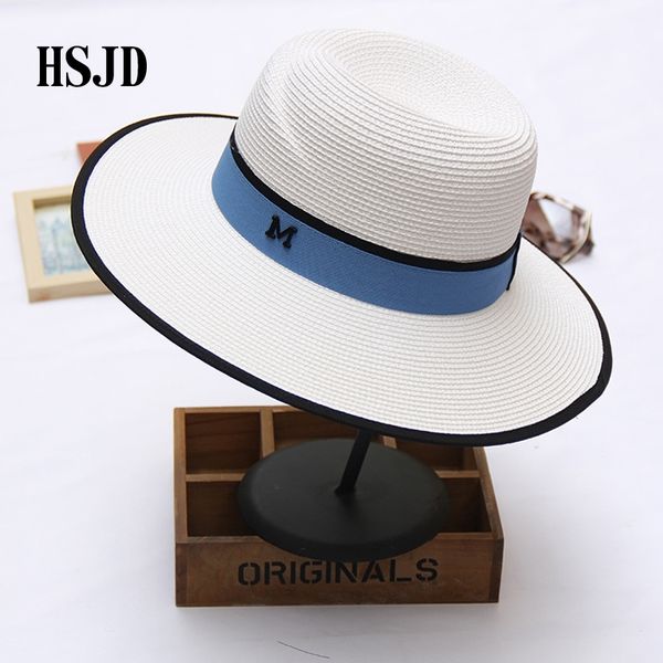 

new summer m letter large wide brim straw hat for women anti-uv beach hat m panama straw fedora women's travel sun cap y200714, Blue;gray