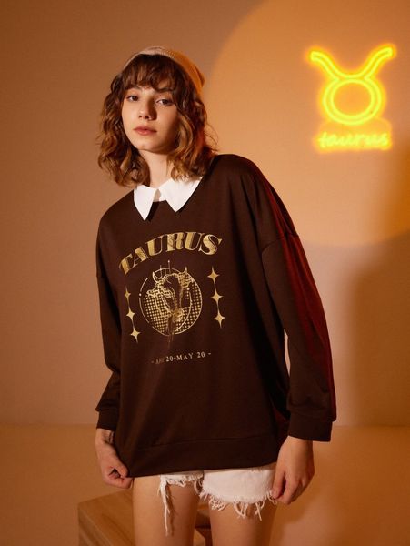 romwe taurus letter bull graphic contrast collar sweatshirt i6el#, White;black