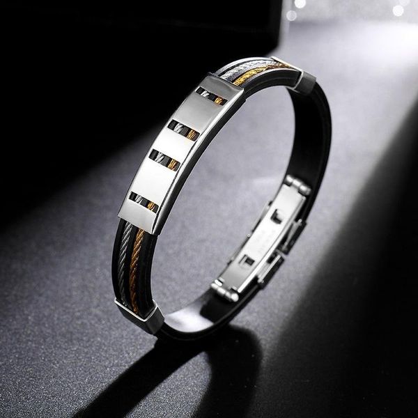mens' wristband black rubber silicone titanium steel silver&gold-color wire charm men bracelets bangles pulseras hombre caucho1, White
mens' wristband black rubber silicone titanium steel silver&gold-color wire charm men bracelets bangles pulseras hombre caucho1, White