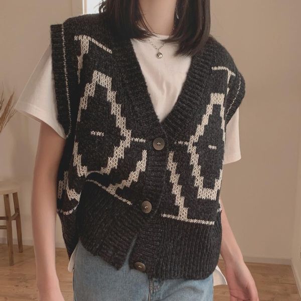 women's vests south korea's spring national wind pattern knitted button cardigan sweater vest, Black;white
women's vests south korea's spring national wind pattern knitted button cardigan sweater vest, Black;white