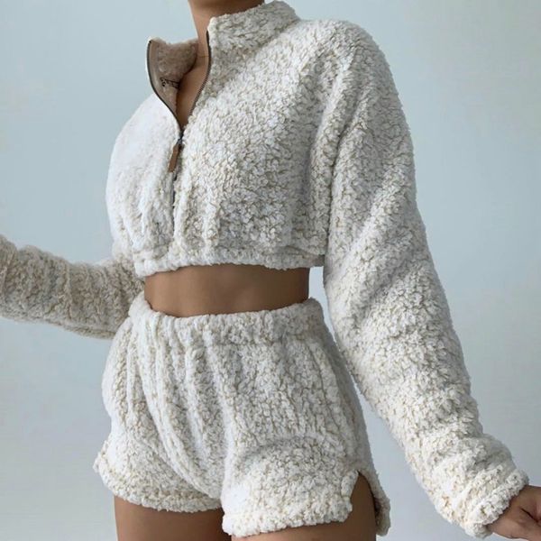 winter women fleece two piece set long sleeve crop + shorts sets zipper warm lounge wear outfits chandal mujer, White
winter women fleece two piece set long sleeve crop + shorts sets zipper warm lounge wear outfits chandal mujer, White