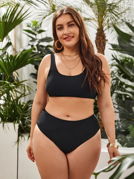 plus solid high waisted bikini swimsuit b4qo#, Black