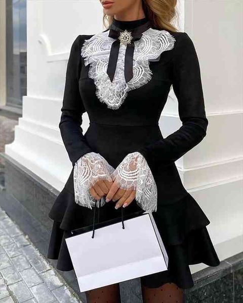 women fashion elegant long sleeve lace bell sleeve ruffle dress ol classic romantic patchwork mini dress, Black;gray
women fashion elegant long sleeve lace bell sleeve ruffle dress ol classic romantic patchwork mini dress, Black;gray