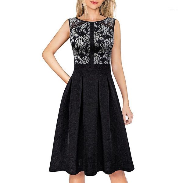 

vfemage womens elegant floral lace patchwork pockets pleated semi-formal cocktail party fit and flare a-line skater dress v2661, Black;gray