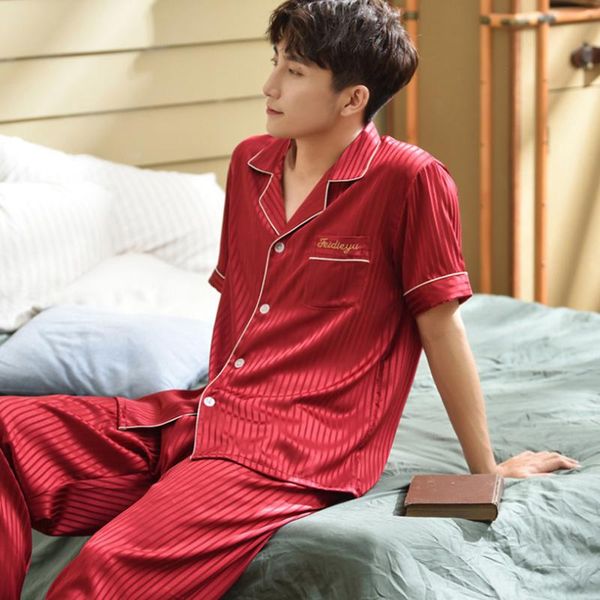 men's sleepwear 2021 large size couple satin silk pajama female male summer short sleeve long pants thin ice home wear, Black;brown
men's sleepwear 2021 large size couple satin silk pajama female male summer short sleeve long pants thin ice home wear, Black;brown