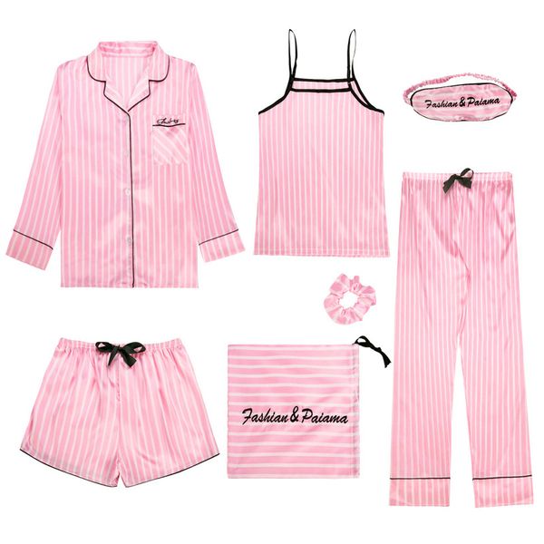 new pink women's 7 pieces pajamas sets summer emulation silk striped pyjama women sleepwear sets spring autumn homewear 201113, Black;red
new pink women's 7 pieces pajamas sets summer emulation silk striped pyjama women sleepwear sets spring autumn homewear 201113, Black;red