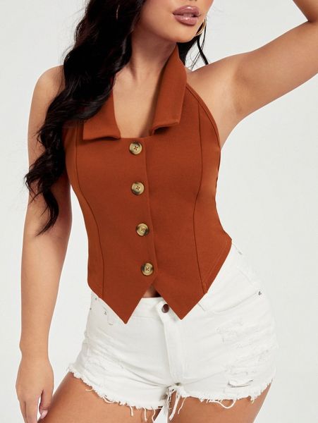 button up backless halter b252#, White