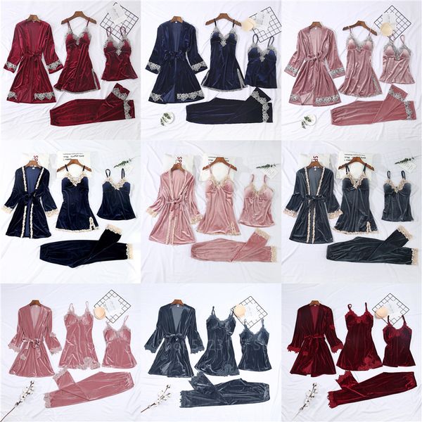 12style 4pcs women pajamas sets winter thicken warm velvet embroidery lace home wear robes clothing with chest pads sleepwear 201109, Black;red
12style 4pcs women pajamas sets winter thicken warm velvet embroidery lace home wear robes clothing with chest pads sleepwear 201109, Black;red