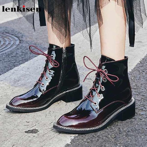 lenkisen internet star genuine leather metal decorations side zip round toe med heels lace up winter warm women ankle boots l0f61, Black
lenkisen internet star genuine leather metal decorations side zip round toe med heels lace up winter warm women ankle boots l0f61, Black