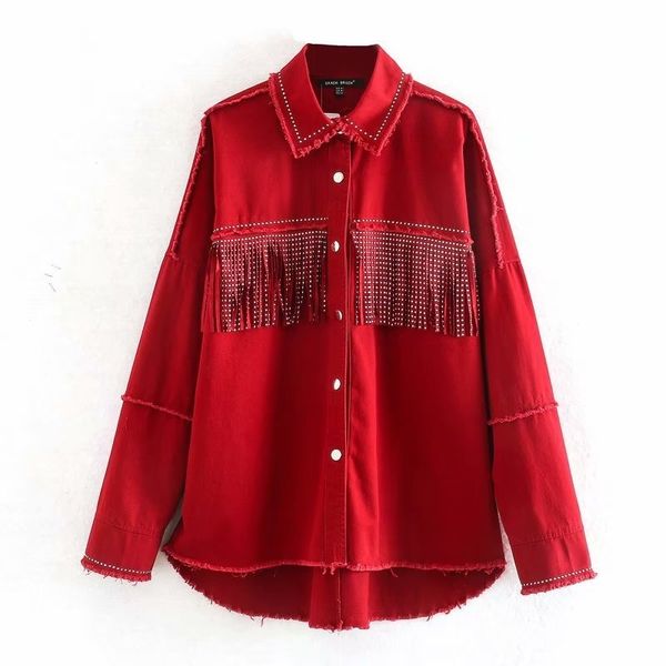 red vintage shiny rhinestone fringed women's jacket lapel long sleeve single-breasted harajuku chic loose female coat denim coat 201109, Black;brown
red vintage shiny rhinestone fringed women's jacket lapel long sleeve single-breasted harajuku chic loose female coat denim coat 201109, Black;brown