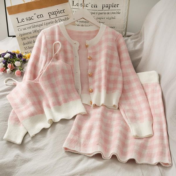 sweet plaid three-piece women's new o neck single-breasted long-sleeved loose sweater with short strap two piece set skirt, Gray
sweet plaid three-piece women's new o neck single-breasted long-sleeved loose sweater with short strap two piece set skirt, Gray