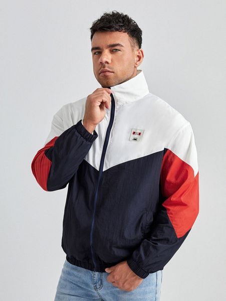 extended sizes men colorblock patched detail zipper jacket f0em#, Black;brown
extended sizes men colorblock patched detail zipper jacket f0em#, Black;brown