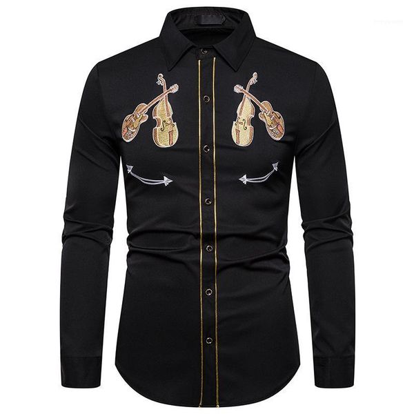 men's fashion embroidered evening dress shirt violin exquisite embroidered american west shirt long sleeve1, White;black
