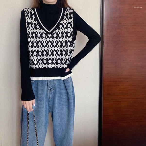2020 new women vintage rhombus v-neck knitted sleeveless vests sweaters spring autumn loose pullover female jumper fashion 1, Black;white
2020 new women vintage rhombus v-neck knitted sleeveless vests sweaters spring autumn loose pullover female jumper fashion 1, Black;white